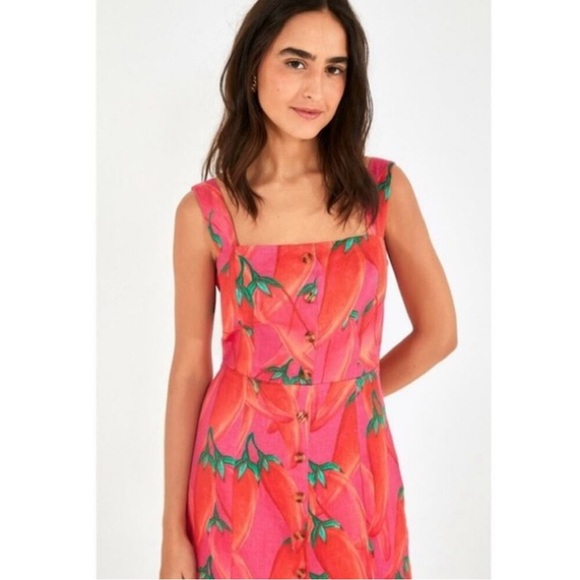 FARM Rio Red Pepper Tropical Linen Mini Dress Sz XS Resortwear Vacation - Picture 4 of 10